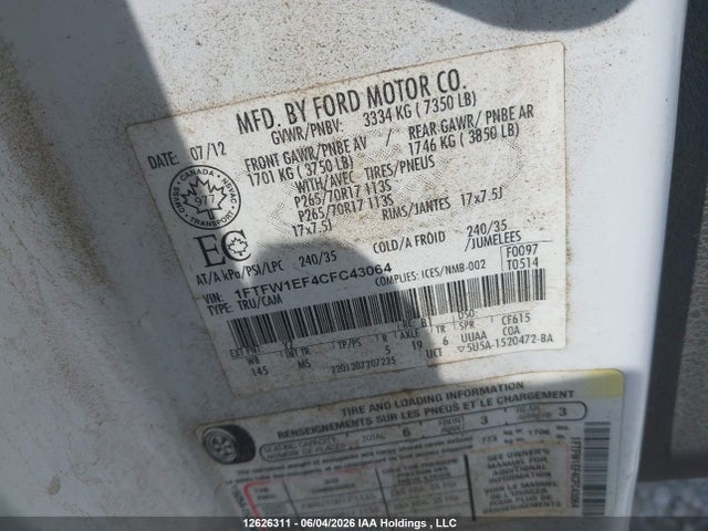 12626311 :رقم المزاد ، 1FTFW1EF4CFC43064 vin ، 2012 Ford F-150 مزاد بيع