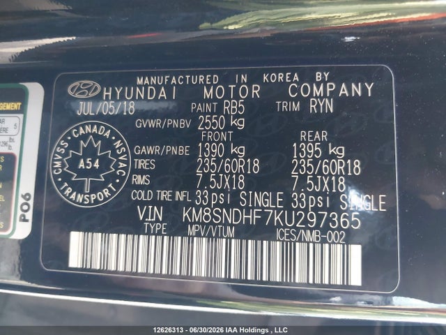 12626313 :رقم المزاد ، KM8SNDHF7KU297365 vin ، 2019 Hyundai Santa Fe Xl Se مزاد بيع