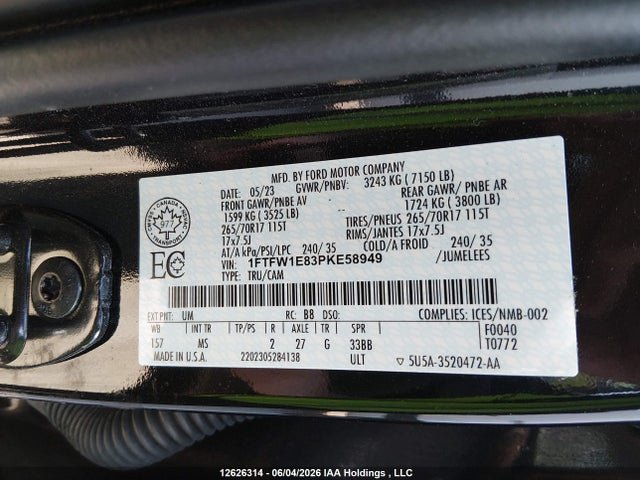 2023 Ford F-150 Xlt მანქანა იყიდება აუქციონზე, vin: 1FTFW1E83PKE58949, აუქციონის ნომერი: 12626314