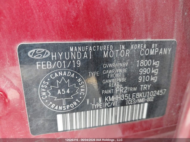 Auction sale of the 2019 Hyundai Elantra Gt Preferred, vin: KMHH35LE8KU102457, lot number: 12626316