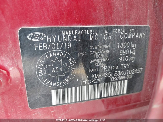 Auction sale of the 2019 Hyundai Elantra Gt Preferred, vin: KMHH35LE8KU102457, lot number: 12626316