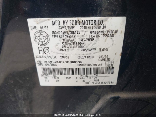Продажа на аукционе авто 2013 Ford Edge Sel, vin: 2FMDK3JC9DBB60139, номер лота: 12626317
