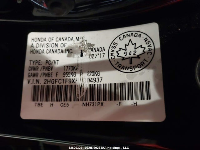 Продаж на аукціоні авто 2017 Honda Civic Touring, vin: 2HGFC1F9XHH104937, номер лоту: 12626326