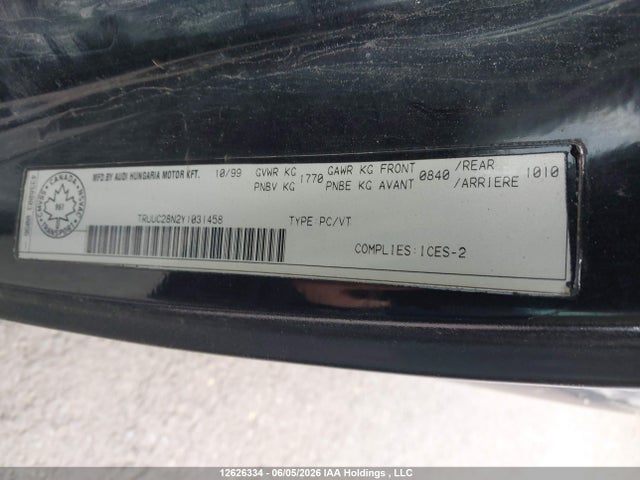 Продажа на аукционе авто 2000 Audi Tt Quaro, vin: TRUUC28N2Y1031458, номер лота: 12626334