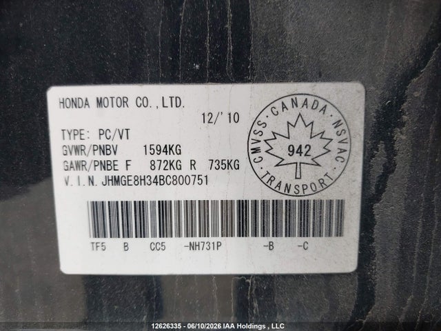 Aukcja sprzedaży 2011 Honda Fit, vin: JHMGE8H34BC800751, numer aukcji: 12626335