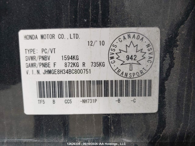 Aukcja sprzedaży 2011 Honda Fit, vin: JHMGE8H34BC800751, numer aukcji: 12626335