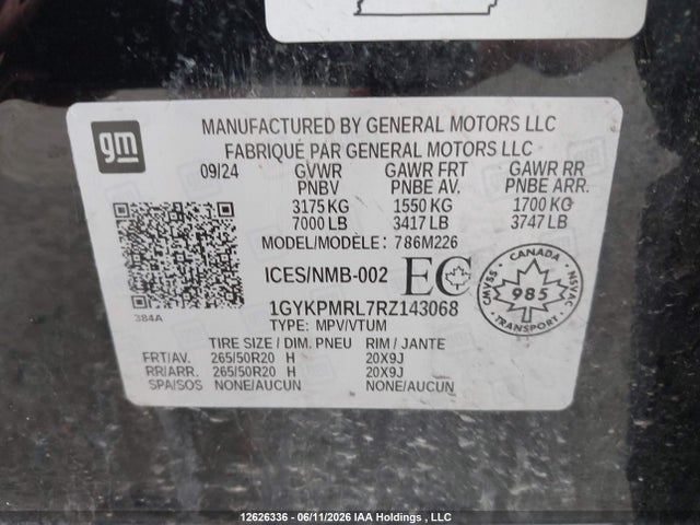 12626336 :رقم المزاد ، 1GYKPMRL7RZ143068 vin ، 2024 Cadillac Lyriq Tech مزاد بيع