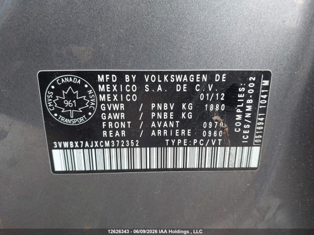 12626343 :رقم المزاد ، 3VWBX7AJXCM372352 vin ، 2012 Volkswagen Jetta Se مزاد بيع