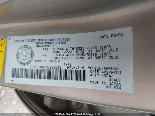 Aukcja sprzedaży 2003 Lexus Rx 300 300, vin: JTJHF10U730293648, numer aukcji: 12626345