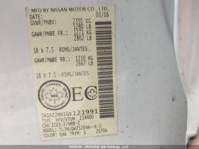 Продаж на аукціоні авто 2016 Nissan Murano S/sl/sv/platinum, vin: 5N1AZ2MH1GN121991, номер лоту: 12626349