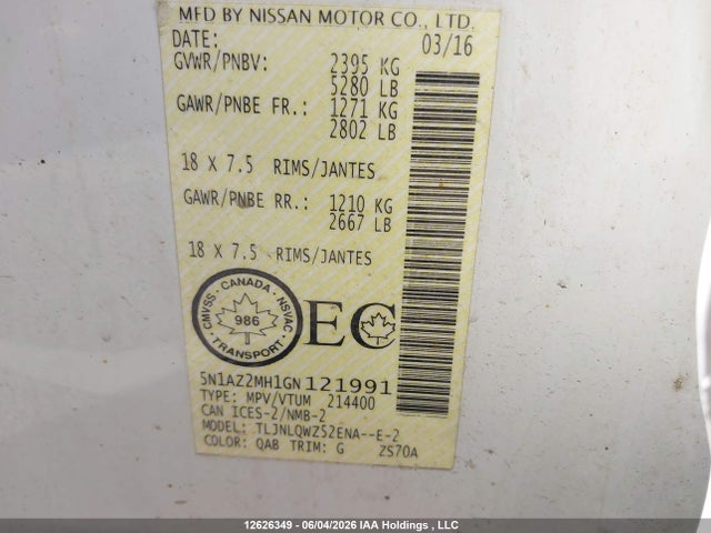 Продаж на аукціоні авто 2016 Nissan Murano S/sl/sv/platinum, vin: 5N1AZ2MH1GN121991, номер лоту: 12626349
