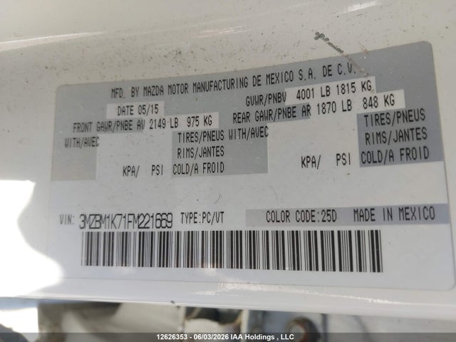 3MZBM1K71FM221669 Mazda Mazda3 Gx