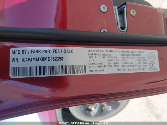 Продажа на аукционе авто 2021 Jeep Cherokee Latitude Lux, vin: 1C4PJMMX0MD152398, номер лота: 12626367