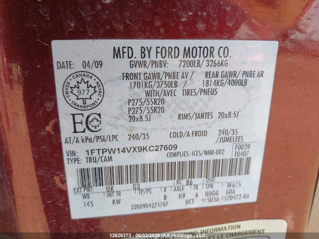 12626373 :رقم المزاد ، 1FTPW14VX9KC27609 vin ، 2009 Ford F150 Supercrew مزاد بيع