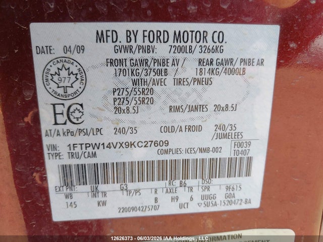 12626373 :رقم المزاد ، 1FTPW14VX9KC27609 vin ، 2009 Ford F150 Supercrew مزاد بيع