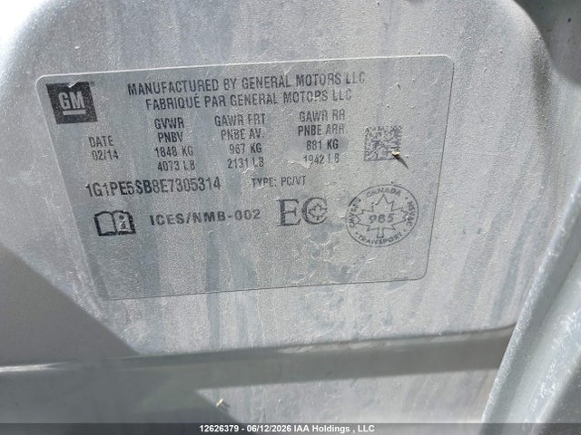12626379 :رقم المزاد ، 1G1PE5SB8E7305314 vin ، 2014 Chevrolet Cruze 2lt مزاد بيع