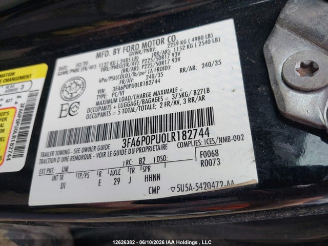 12626382 :رقم المزاد ، 3FA6P0PU0LR182744 vin ، 2020 Ford Fusion Energi مزاد بيع