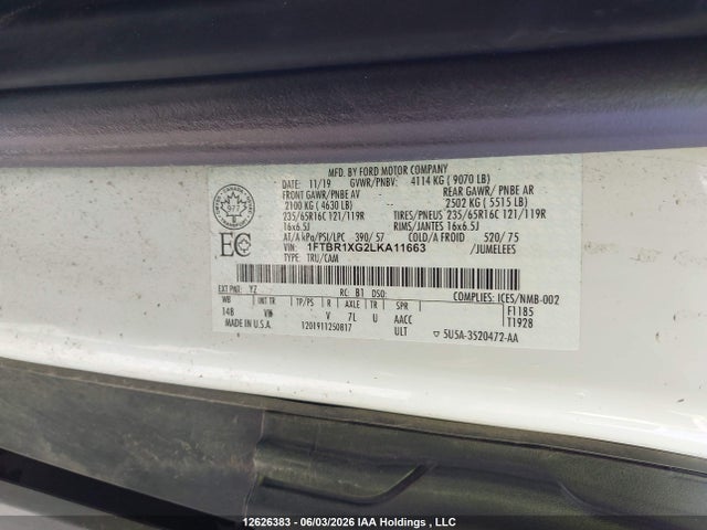 Aukcja sprzedaży 2020 Ford Transit T-250, vin: 1FTBR1XG2LKA11663, numer aukcji: 12626383