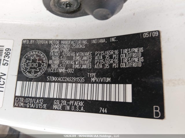 12626389 :رقم المزاد ، 5TDKK4CC2AS291535 vin ، 2010 Toyota Sienna Ce/le مزاد بيع