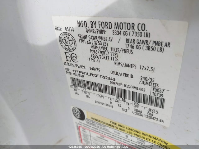 Aukcja sprzedaży 2013 Ford F150 Supercrew, vin: 1FTFW1EF0DFC52040, numer aukcji: 12626395