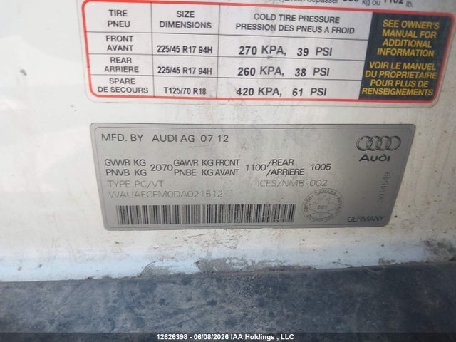 2013 Audi A3 Progressiv მანქანა იყიდება აუქციონზე, vin: WAUAECFM0DA021512, აუქციონის ნომერი: 12626398