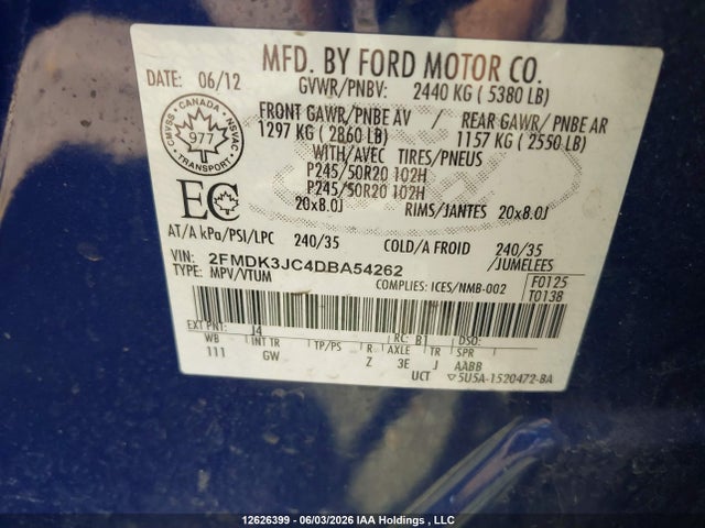 12626399 :رقم المزاد ، 2FMDK3JC4DBA54262 vin ، 2013 Ford Edge Sel مزاد بيع