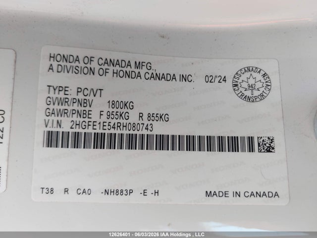 12626401 :رقم المزاد ، 2HGFE1E54RH080743 vin ، 2024 Honda Civic Si Si مزاد بيع