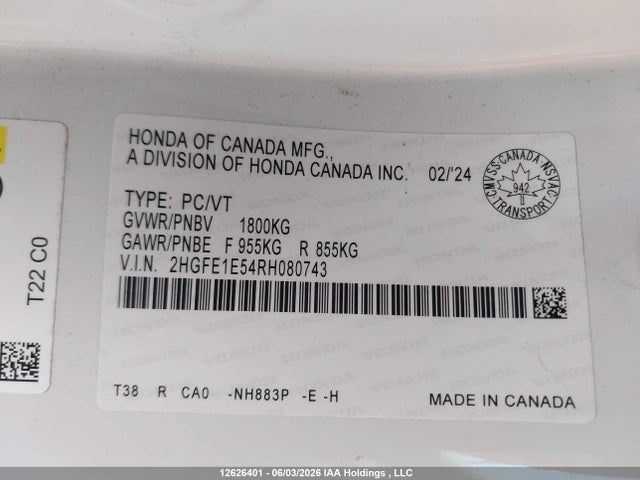12626401 :رقم المزاد ، 2HGFE1E54RH080743 vin ، 2024 Honda Civic Si Si مزاد بيع