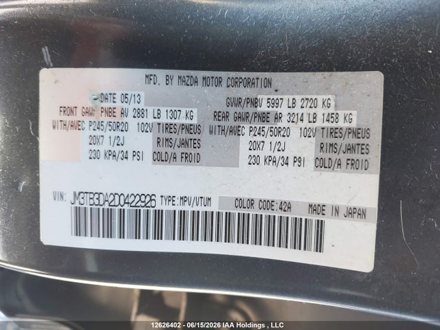 Aukcja sprzedaży 2013 Mazda Cx-9 Grand Touring, vin: JM3TB3DA2D0422926, numer aukcji: 12626402