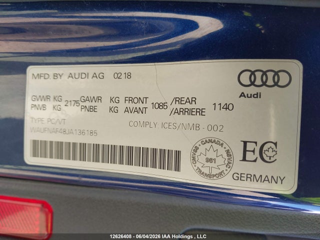Aukcja sprzedaży 2018 Audi A4 Sedan, vin: WAUFNAF48JA136185, numer aukcji: 12626408