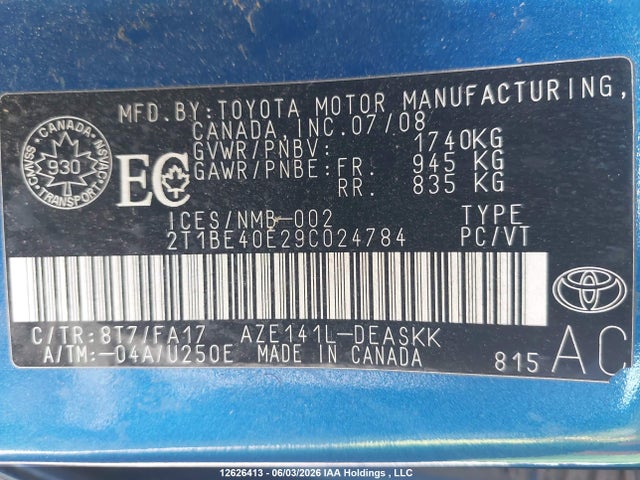 2009 Toyota Corolla Xrs Xrs მანქანა იყიდება აუქციონზე, vin: 2T1BE40E29C024784, აუქციონის ნომერი: 12626413