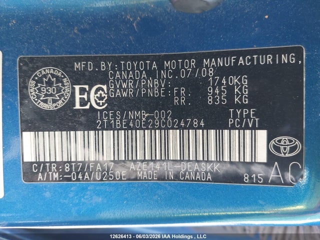 2009 Toyota Corolla Xrs Xrs მანქანა იყიდება აუქციონზე, vin: 2T1BE40E29C024784, აუქციონის ნომერი: 12626413