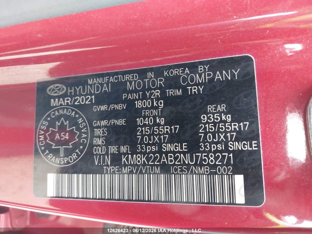Aukcja sprzedaży 2022 Hyundai Kona Sel/se, vin: KM8K22AB2NU758271, numer aukcji: 12626423