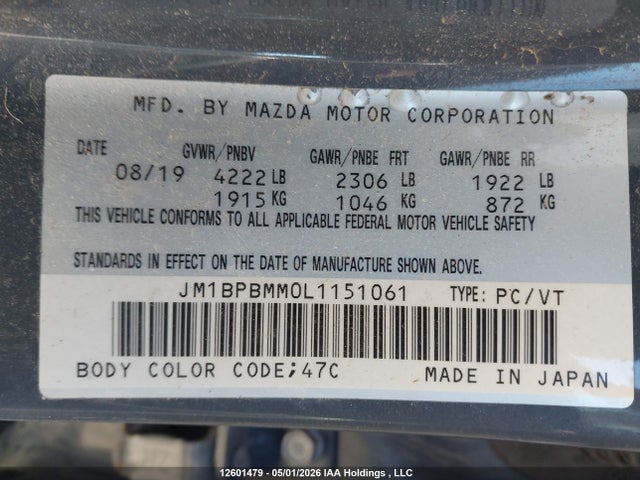 Aukcja sprzedaży 2020 Mazda Mazda3 Gt, vin: JM1BPBMM0L1151061, numer aukcji: 12601479