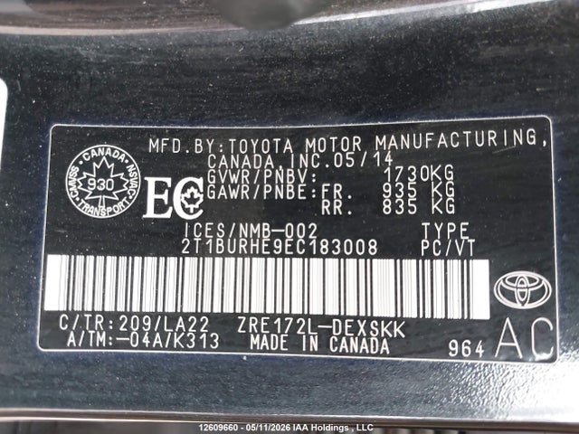 Aukcja sprzedaży 2014 Toyota Corolla S, vin: 2T1BURHE9EC183008, numer aukcji: 12609660