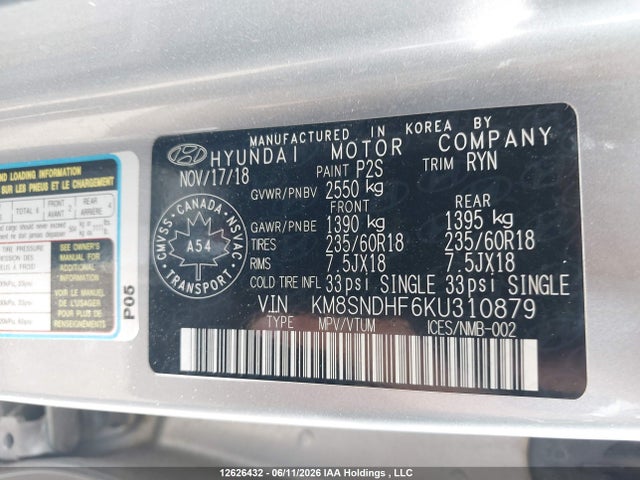 2019 Hyundai Santa Fe Xl Se მანქანა იყიდება აუქციონზე, vin: KM8SNDHF6KU310879, აუქციონის ნომერი: 12626432