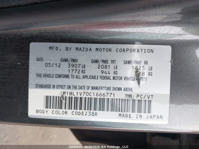 12626435 :رقم المزاد ، JM1BL1V70C1666771 vin ، 2012 Mazda Mazda3 مزاد بيع