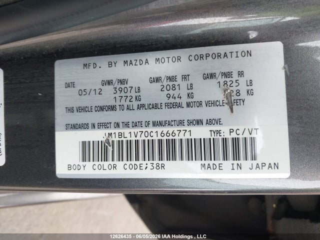 12626435 :رقم المزاد ، JM1BL1V70C1666771 vin ، 2012 Mazda Mazda3 مزاد بيع