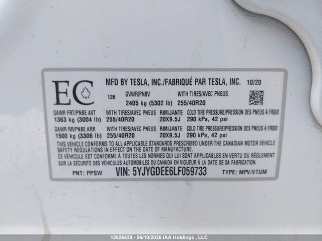 12626439 :رقم المزاد ، 5YJYGDEE6LF059733 vin ، 2020 Tesla Model Y Long Range مزاد بيع