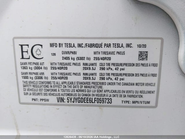 12626439 :رقم المزاد ، 5YJYGDEE6LF059733 vin ، 2020 Tesla Model Y Long Range مزاد بيع