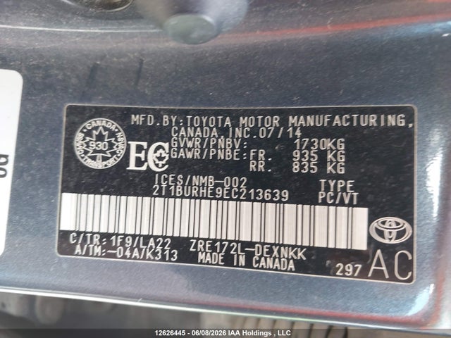 12626445 :رقم المزاد ، 2T1BURHE9EC213639 vin ، 2014 Toyota Corolla Le مزاد بيع
