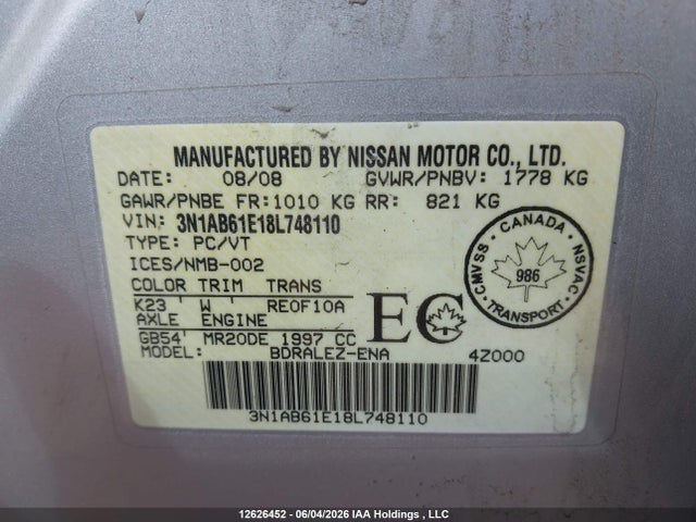 Aukcja sprzedaży 2008 Nissan Sentra 2.0/2.0s/2.0sl, vin: 3N1AB61E18L748110, numer aukcji: 12626452