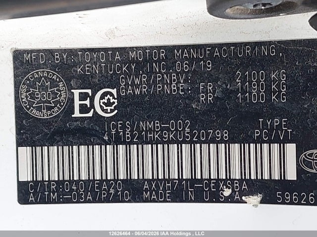 2019 Toyota Camry Hybrid მანქანა იყიდება აუქციონზე, vin: 4T1B21HK9KU520798, აუქციონის ნომერი: 12626464