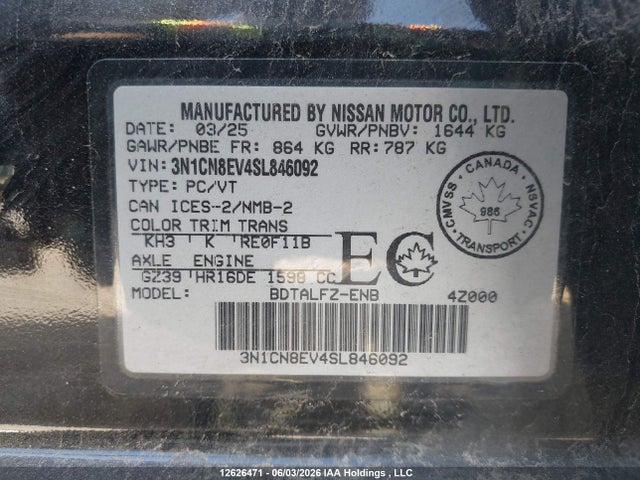 Продаж на аукціоні авто 2025 Nissan Versa Sv Fwd Cvt, vin: 3N1CN8EV4SL846092, номер лоту: 12626471