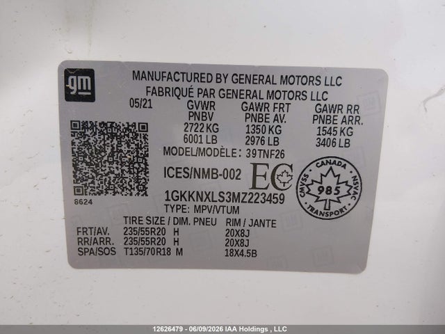 12626479 :رقم المزاد ، 1GKKNXLS3MZ223459 vin ، 2021 Gmc Acadia Sle مزاد بيع