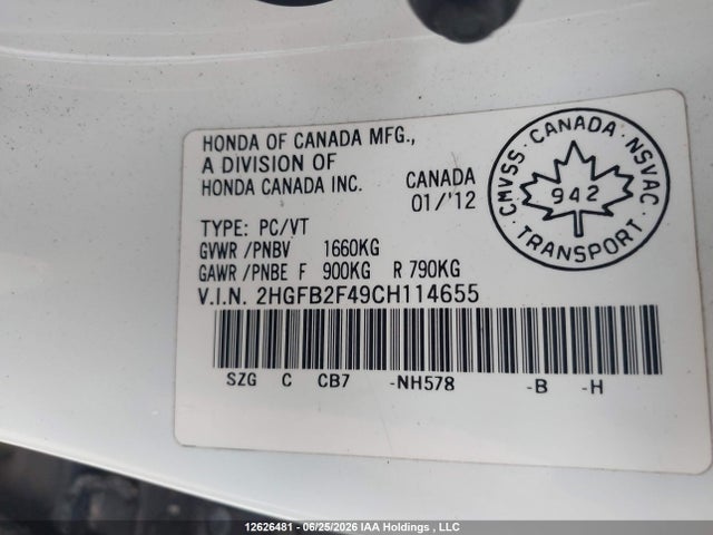 Продаж на аукціоні авто 2012 Honda Civic Lx, vin: 2HGFB2F49CH114655, номер лоту: 12626481