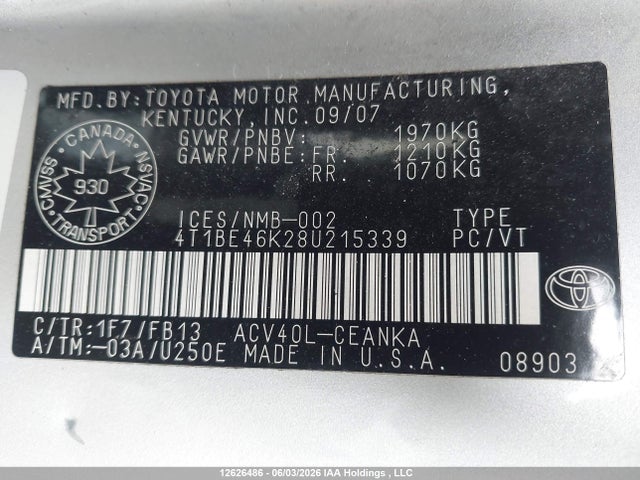 12626486 :رقم المزاد ، 4T1BE46K28U215339 vin ، 2008 Toyota Camry Ce/le/xle/se مزاد بيع