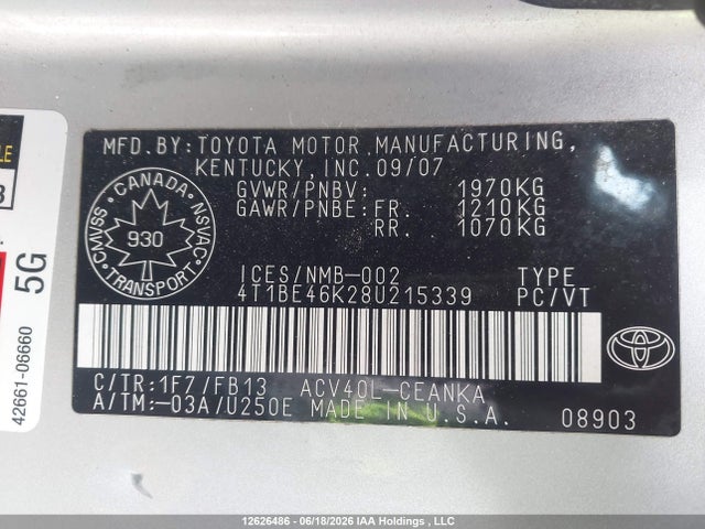 12626486 :رقم المزاد ، 4T1BE46K28U215339 vin ، 2008 Toyota Camry Ce/le/xle/se مزاد بيع