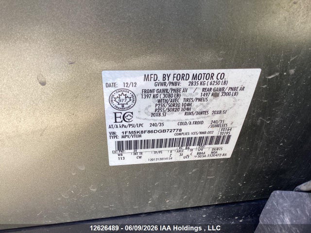 2013 Ford Explorer Limited მანქანა იყიდება აუქციონზე, vin: 1FM5K8F86DGB72778, აუქციონის ნომერი: 12626489