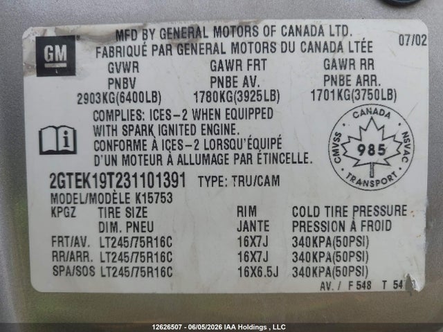 2003 Gmc New Sierra K1500 მანქანა იყიდება აუქციონზე, vin: 2GTEK19T231101391, აუქციონის ნომერი: 12626507